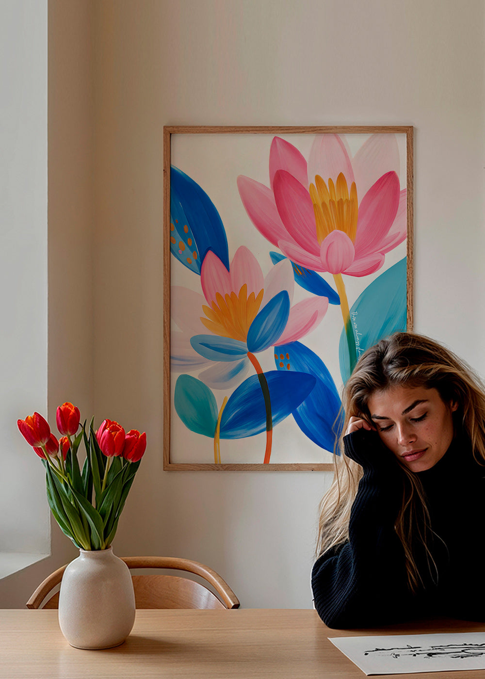Botanisk plakat med rosa og blå blomster