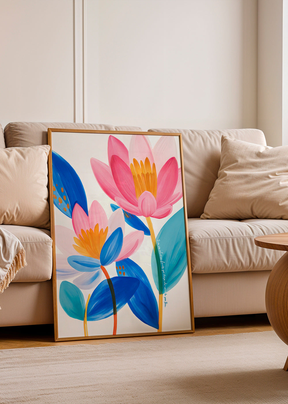 Botanisk plakat med rosa og blå blomster