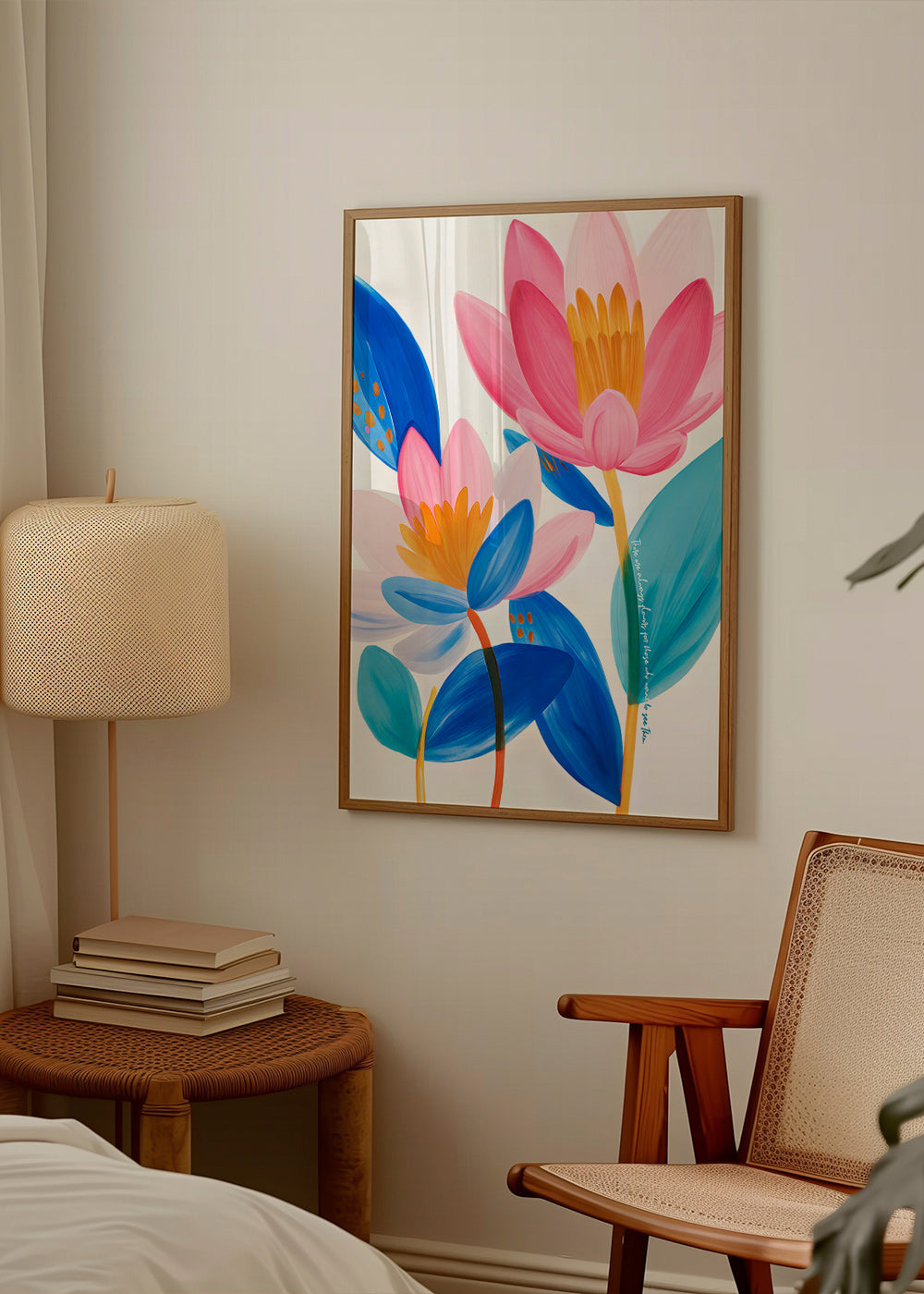 Botanisk plakat med rosa og blå blomster