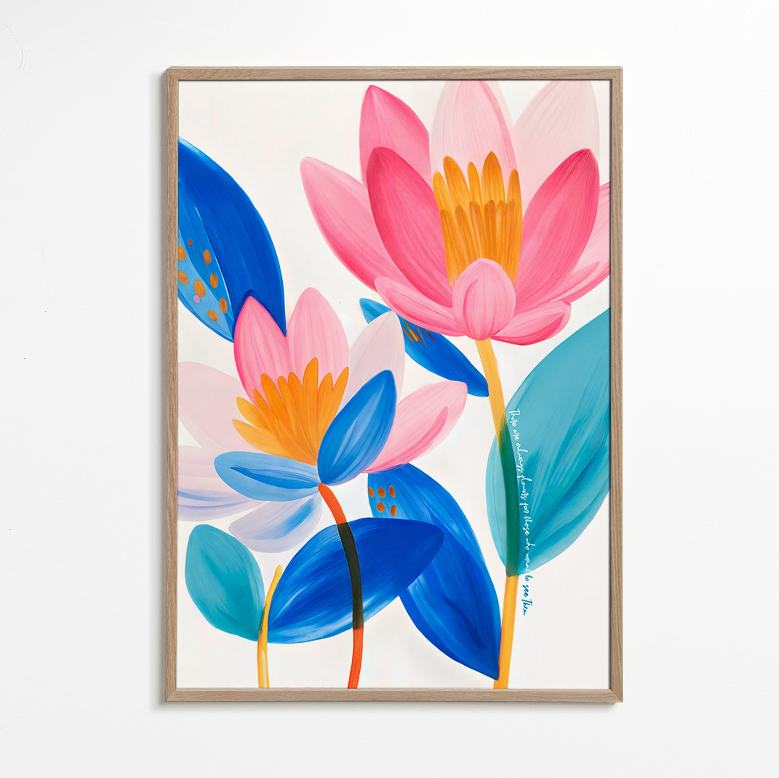 Botanisk plakat med rosa og blå blomster