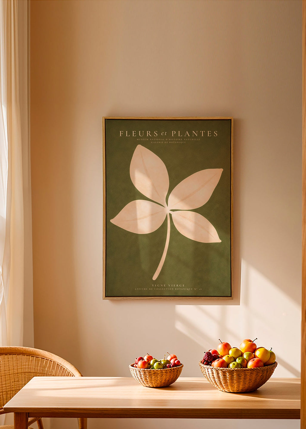 Botanisk plakat: cremeblad på grøn baggrund