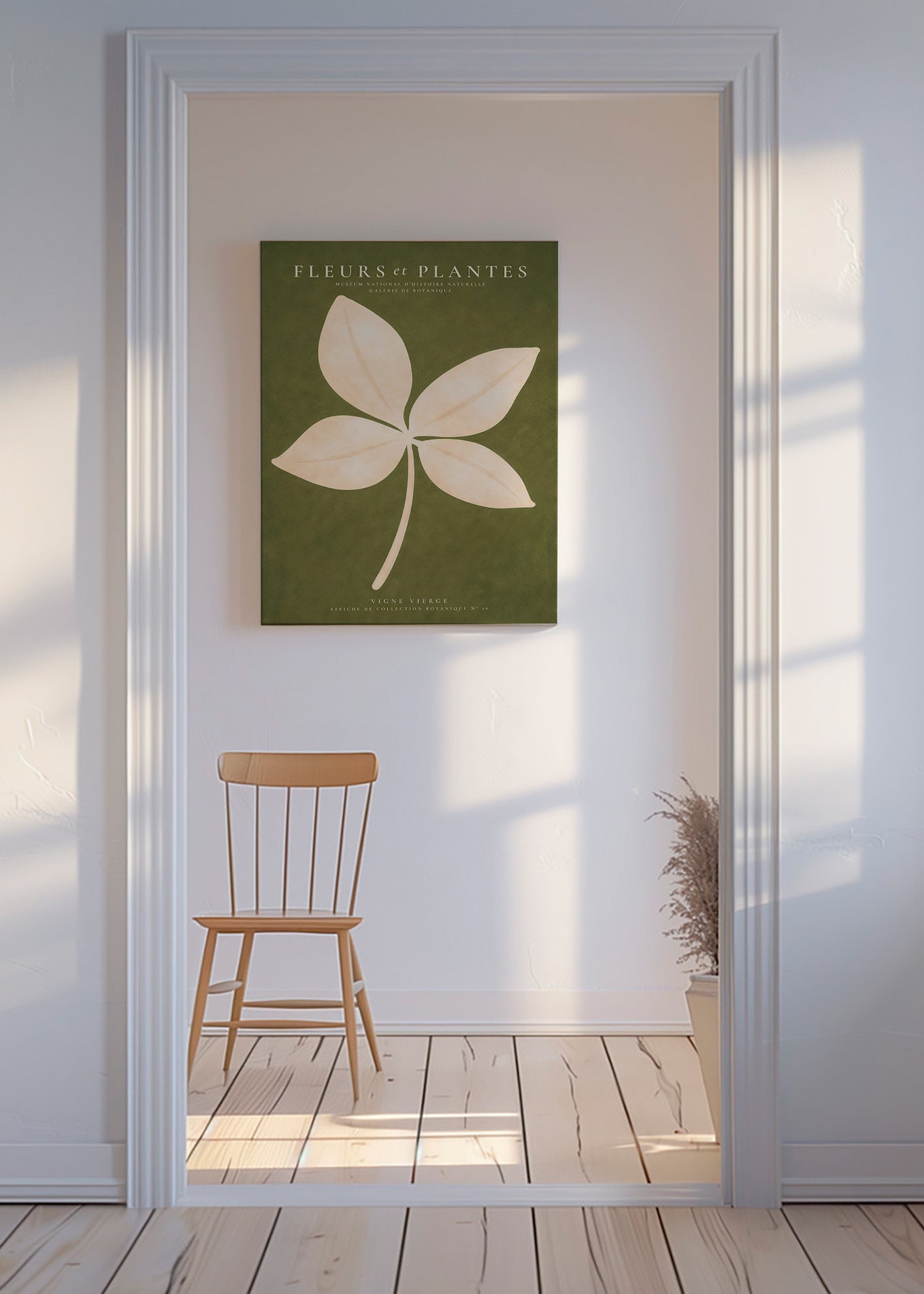 Botanisk plakat: cremeblad på grøn baggrund