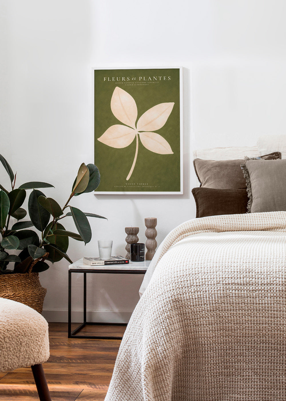 Botanisk plakat: cremeblad på grøn baggrund