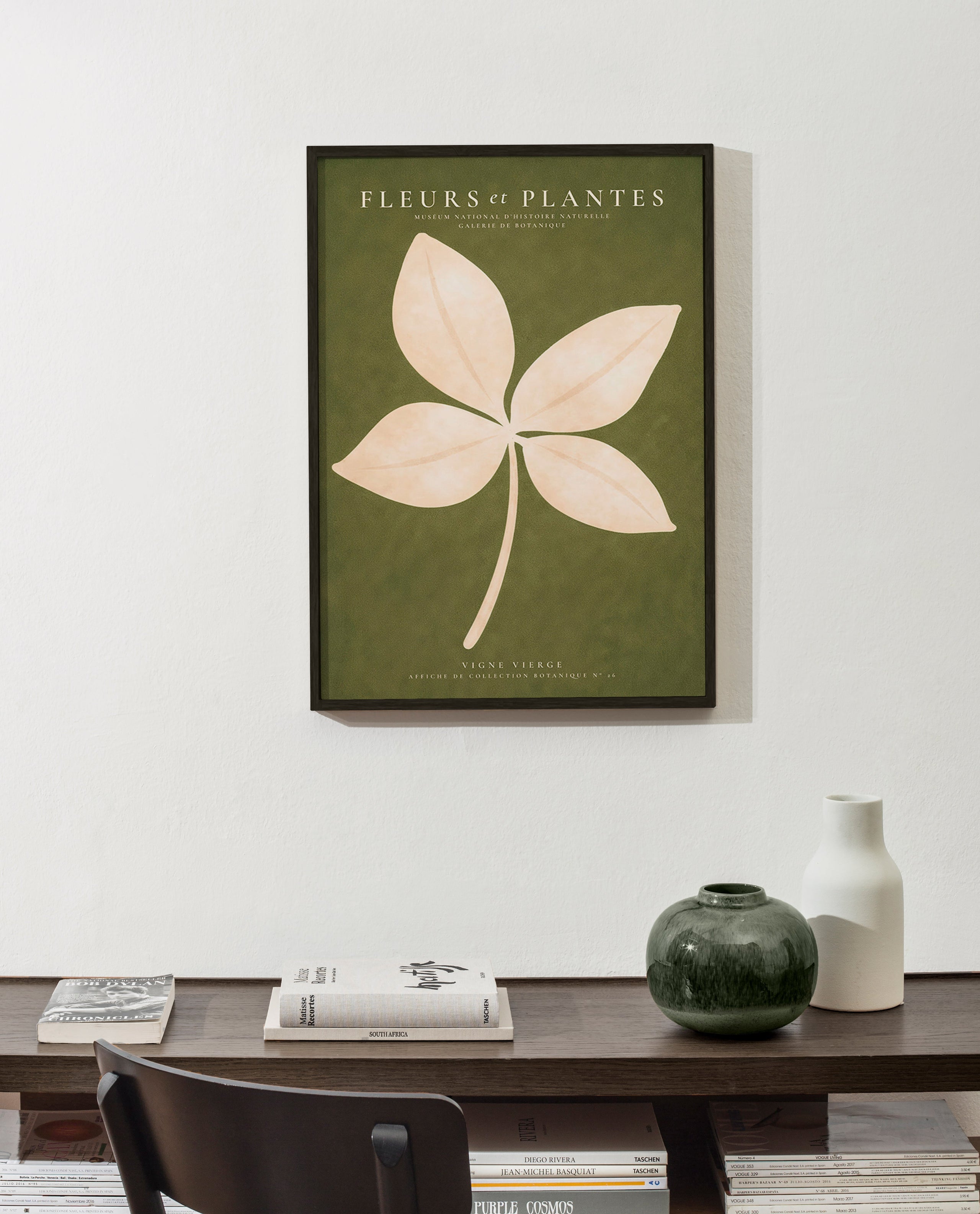Botanisk plakat: cremeblad på grøn baggrund