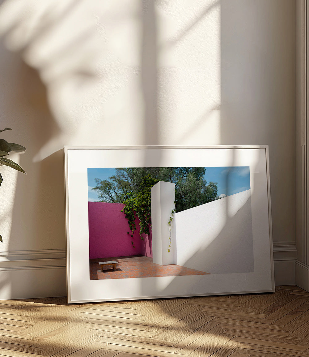 Minimalt design: rosa og hvid gårdhave