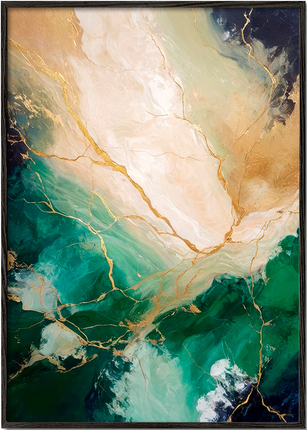 Abstrakt kunst med smaragd- og guldadser – Black Frame