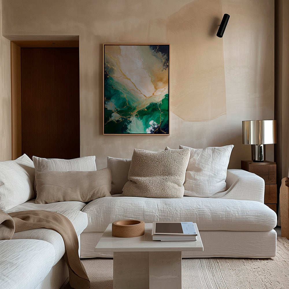 Abstrakt kunst med smaragd- og guldadser – Canvas1