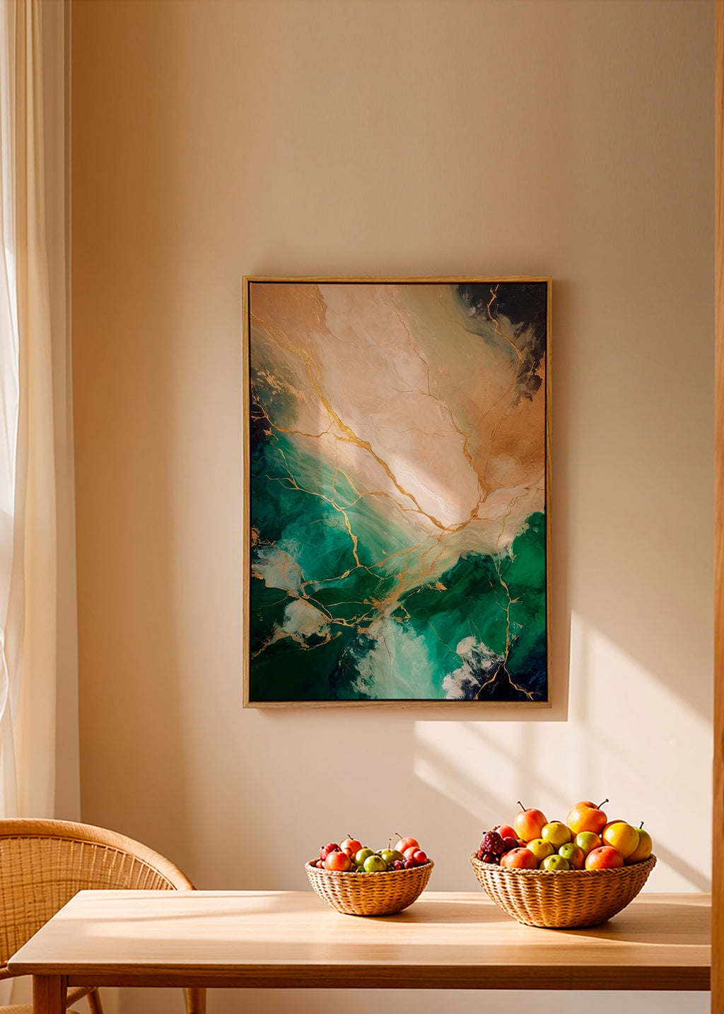 Abstrakt kunst med smaragd- og guldadser – Canvas2