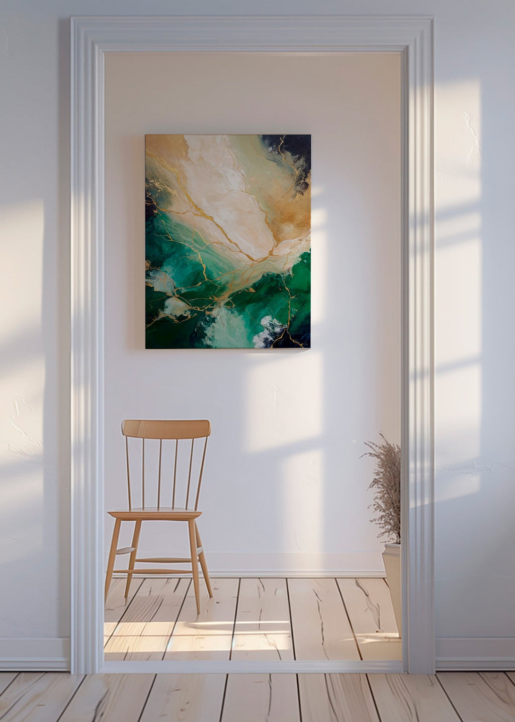 Abstrakt kunst med smaragd- og guldadser – Canvas