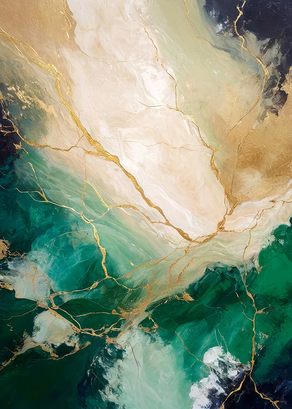 Abstrakt kunst med smaragd- og guldadser