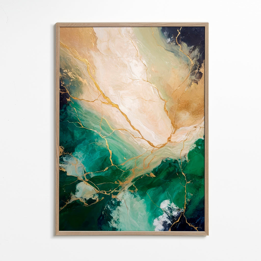 Abstrakt kunst med smaragd- og guldadser – Oak Frame