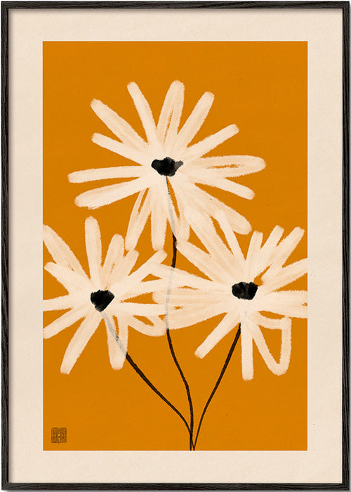 Botanisk plakat: margueritter på sennepsbaggrund – Black Frame