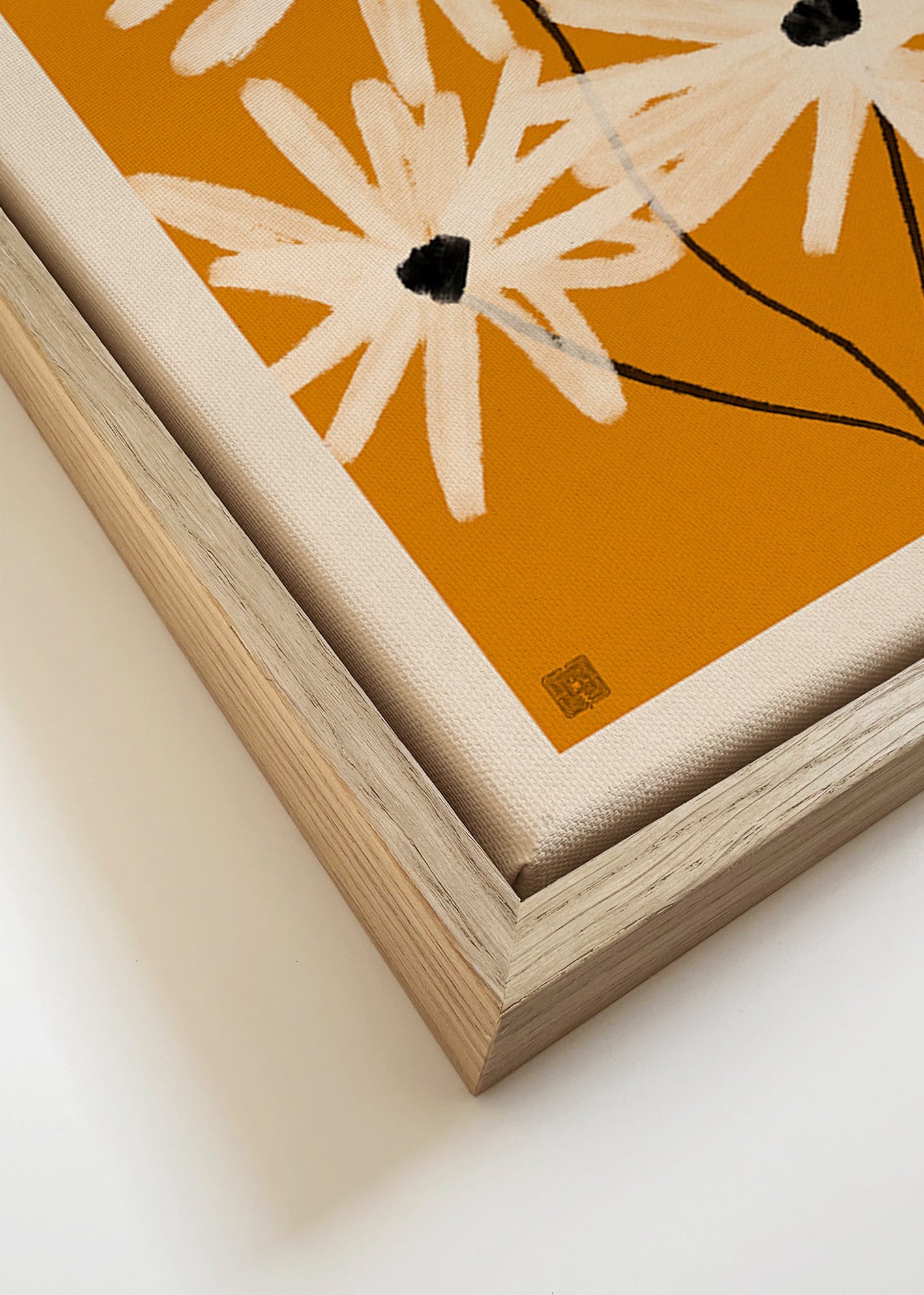 Botanisk plakat: margueritter på sennepsbaggrund – Canvas detail