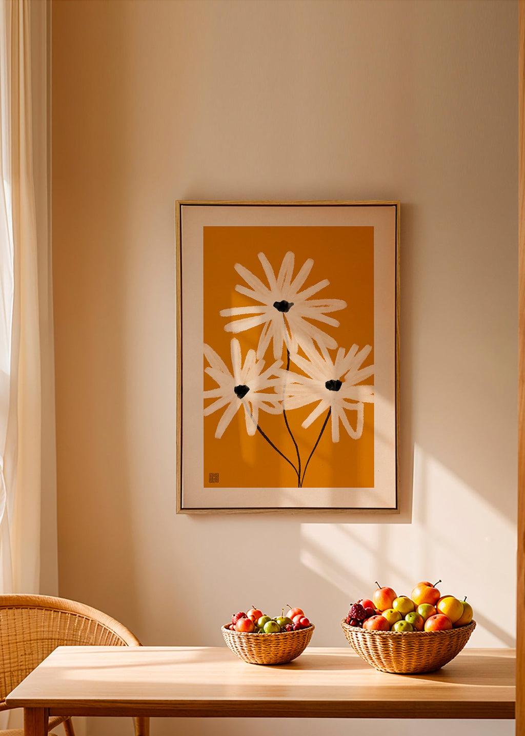 Botanisk plakat: margueritter på sennepsbaggrund – Canvas2