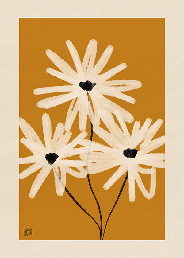 Botanisk plakat: margueritter på sennepsbaggrund