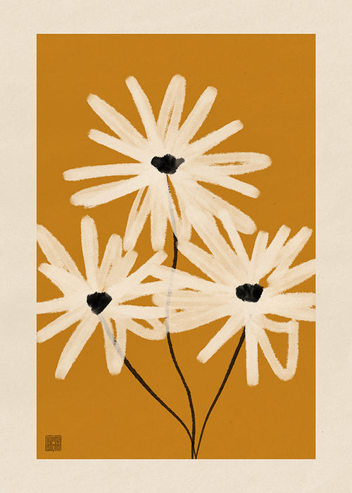 Botanisk plakat: margueritter på sennepsbaggrund