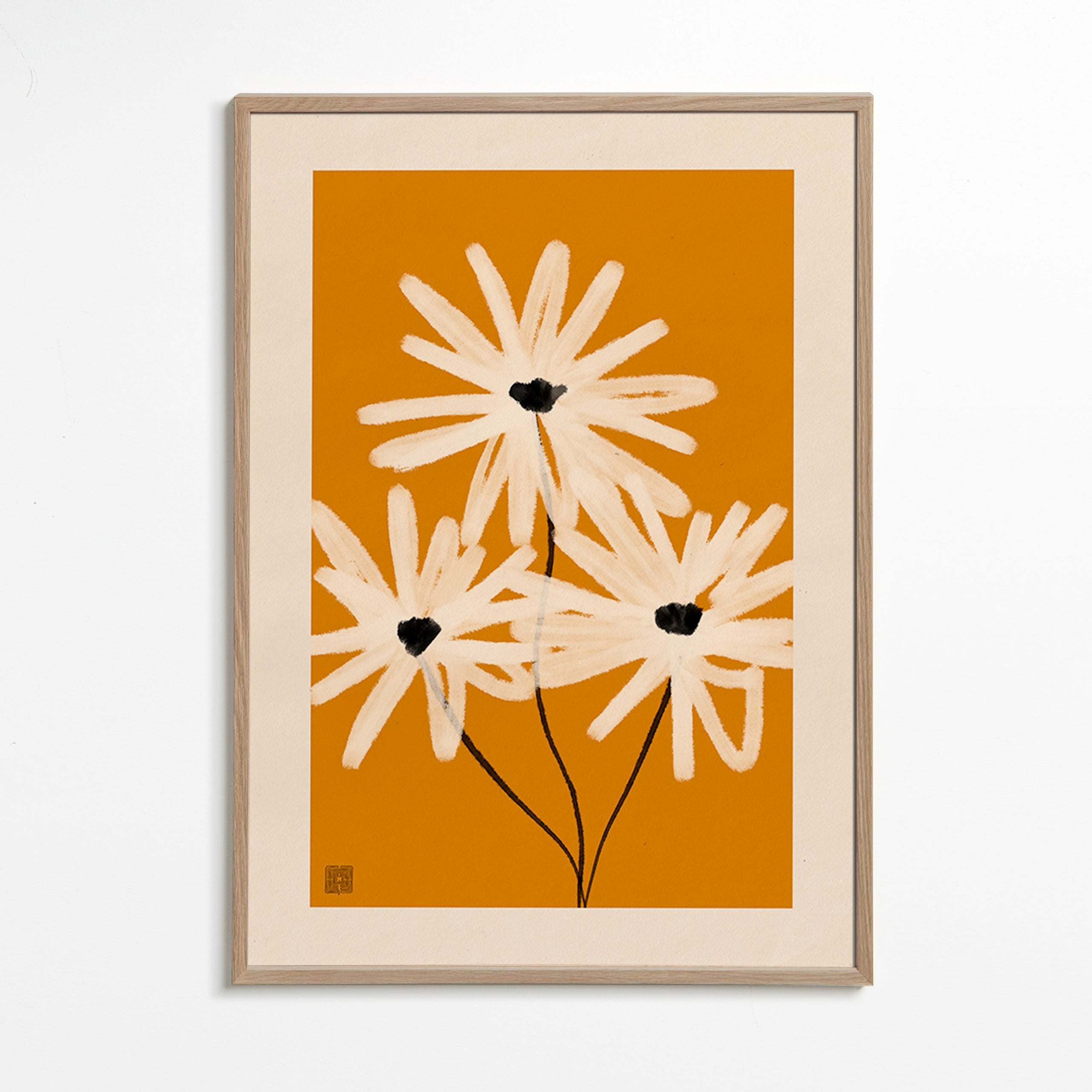 Botanisk plakat: margueritter på sennepsbaggrund – Oak Frame