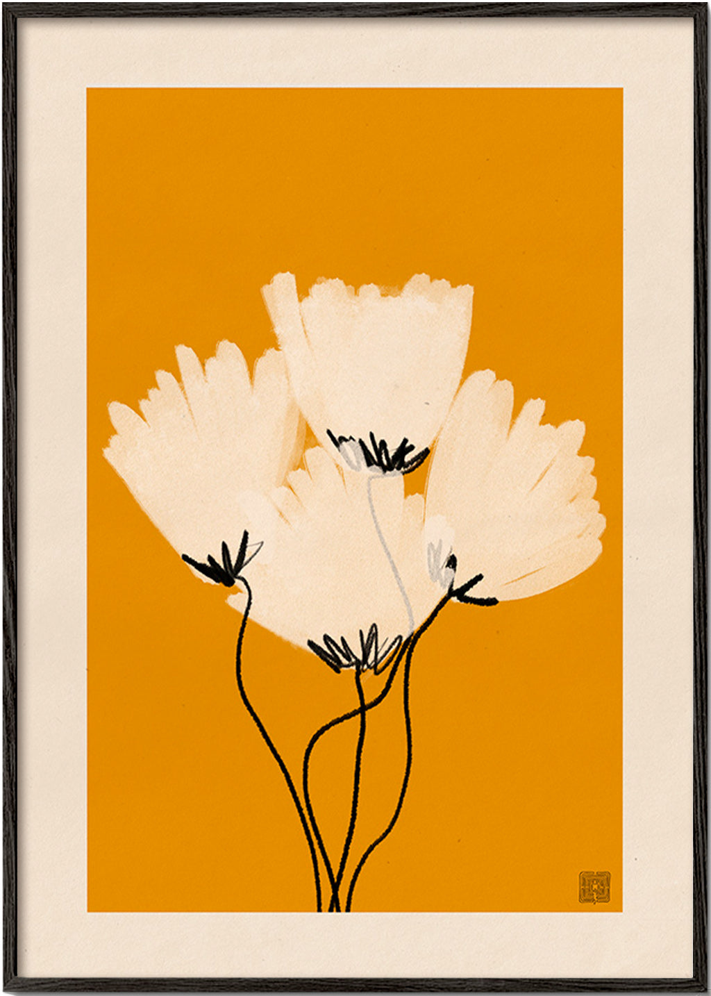 Botanisk plakat hvide blomster på okker – Black Frame