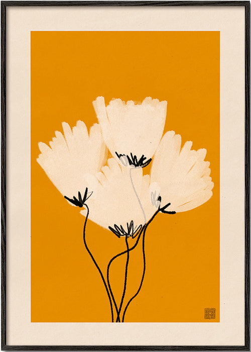 Botanisk plakat hvide blomster på okker – Black Frame