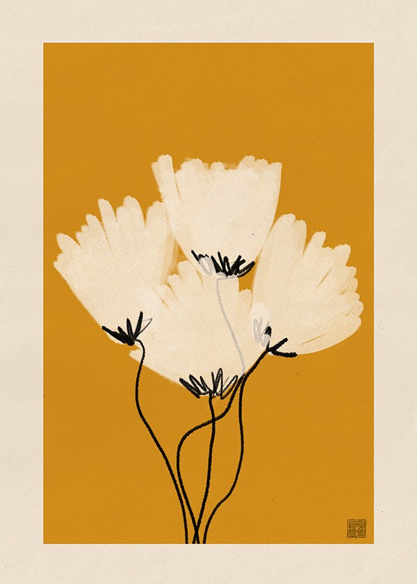 Botanisk plakat hvide blomster på okker
