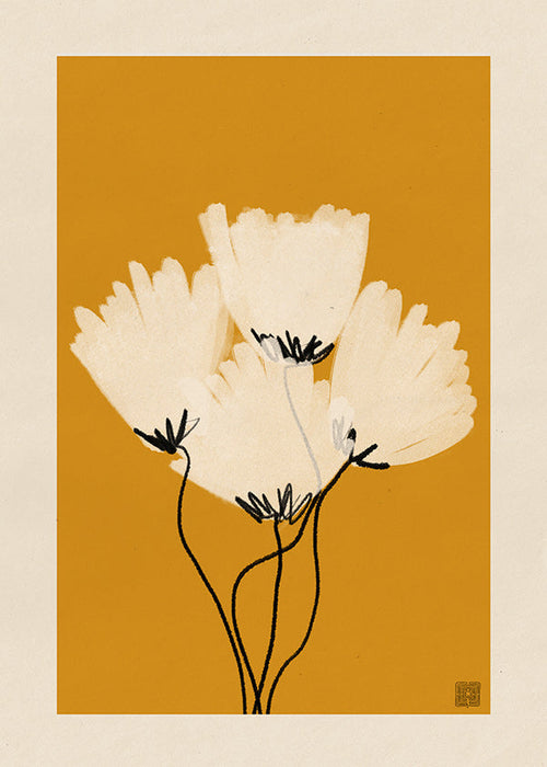Botanisk plakat hvide blomster på okker