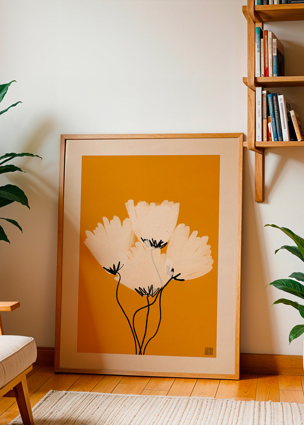 Botanisk plakat hvide blomster på okker – Product2