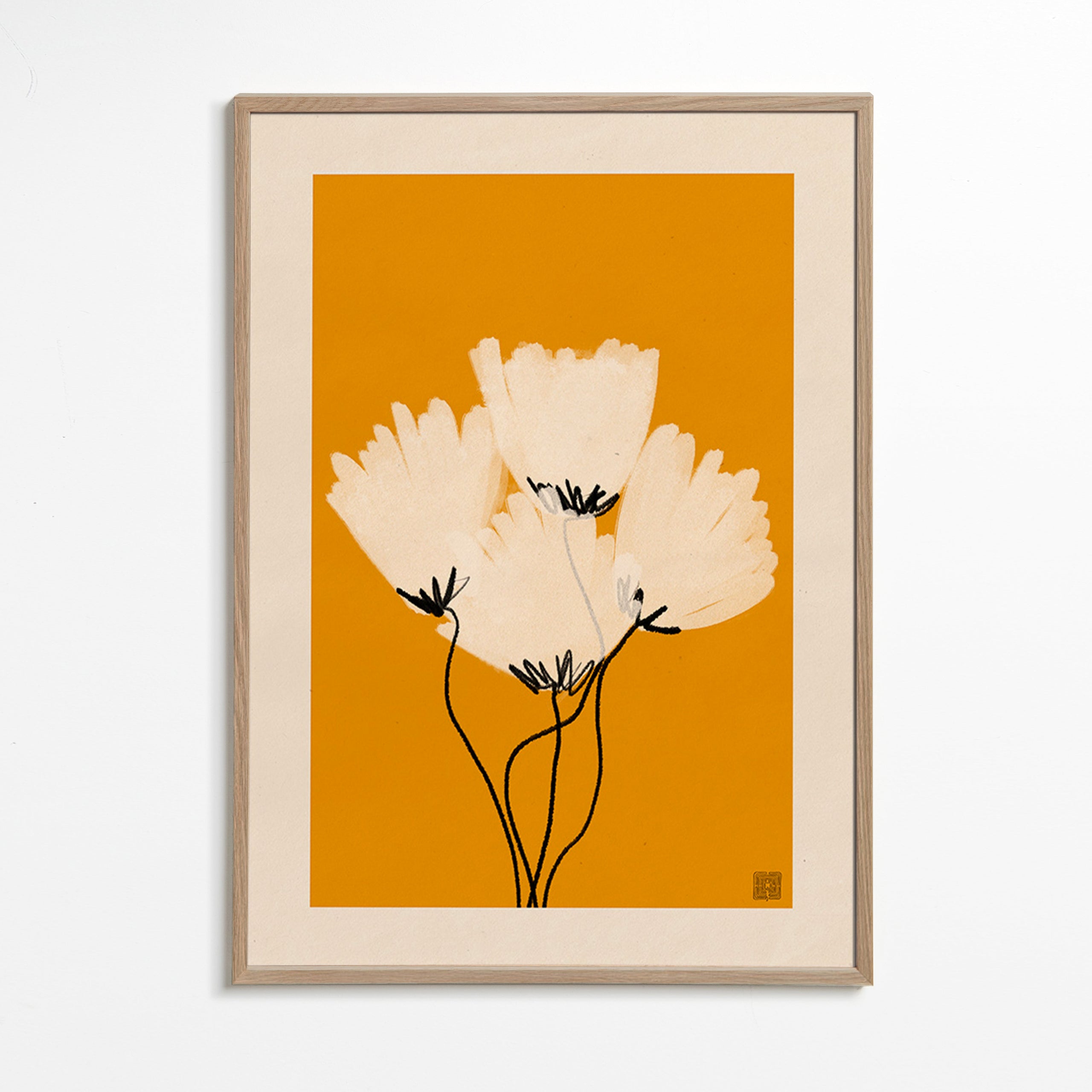 Botanisk plakat hvide blomster på okker – Oak Frame
