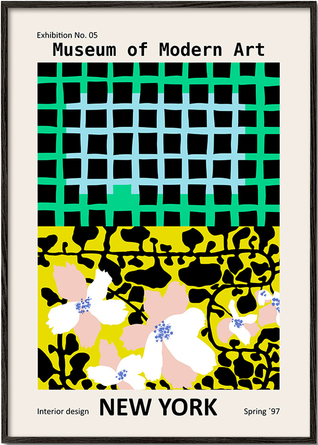 Byplakat: New York typografisk med blomstermotiver – Black Frame