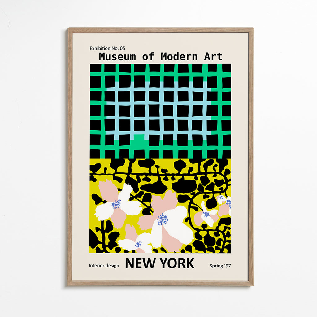 Byplakat: New York typografisk med blomstermotiver – Oak Frame