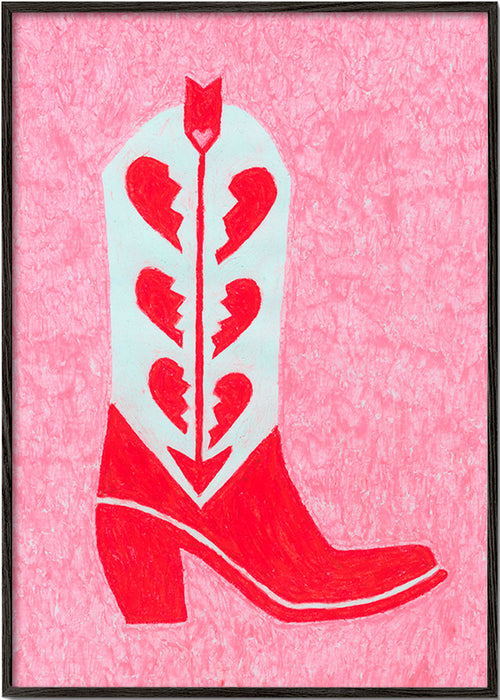 Illustration af rød cowboystøvle med knuste hjerter – Black Frame