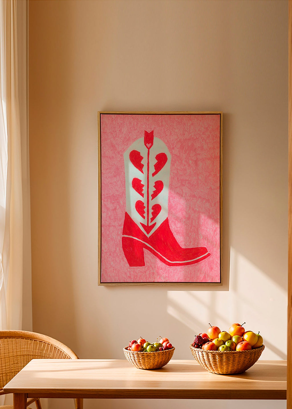 Illustration af rød cowboystøvle med knuste hjerter – Canvas1