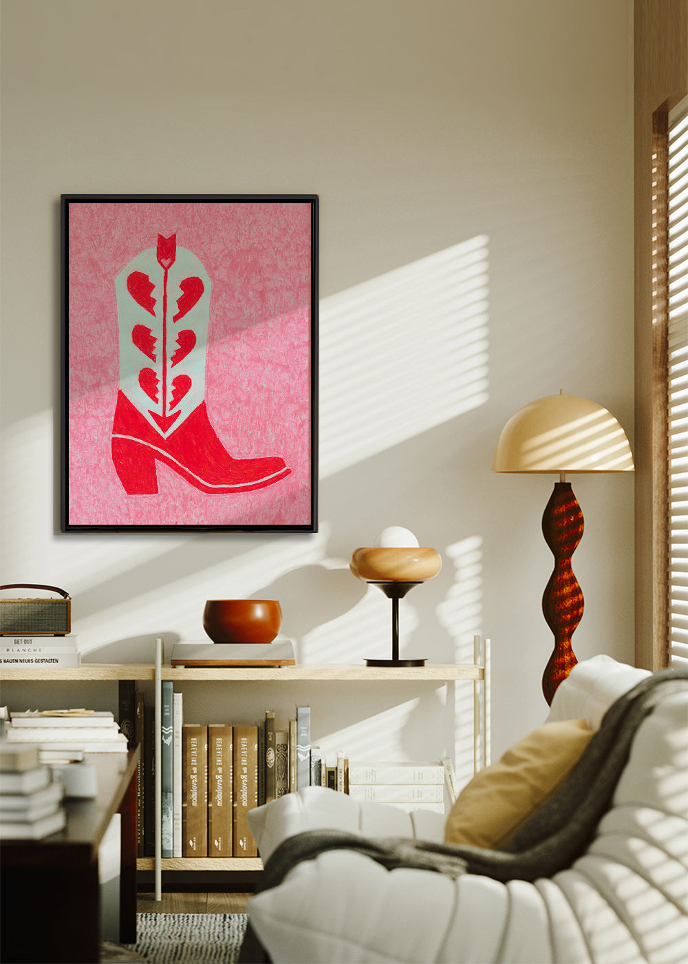 Illustration af rød cowboystøvle med knuste hjerter – Canvas2