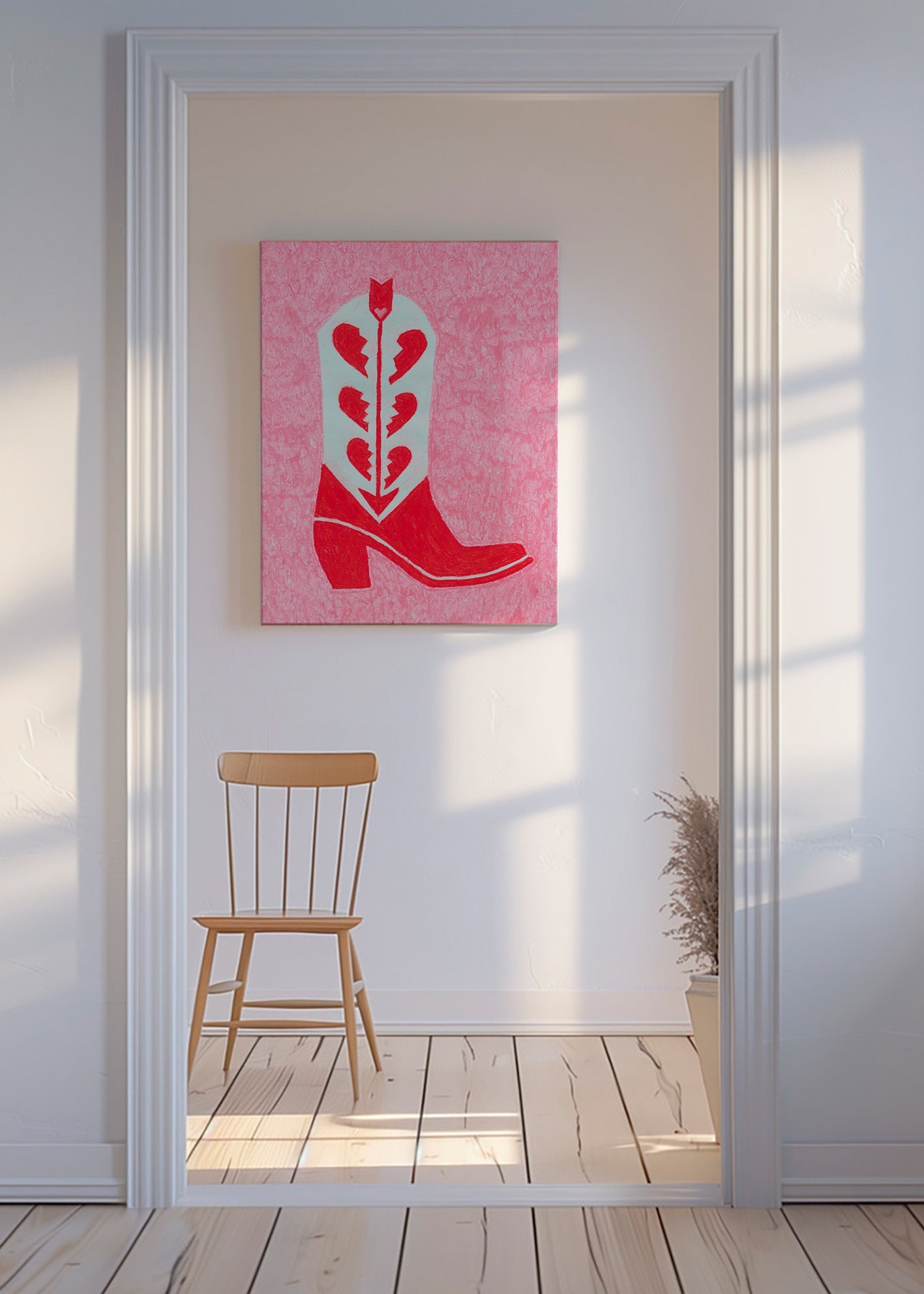 Illustration af rød cowboystøvle med knuste hjerter – Canvas