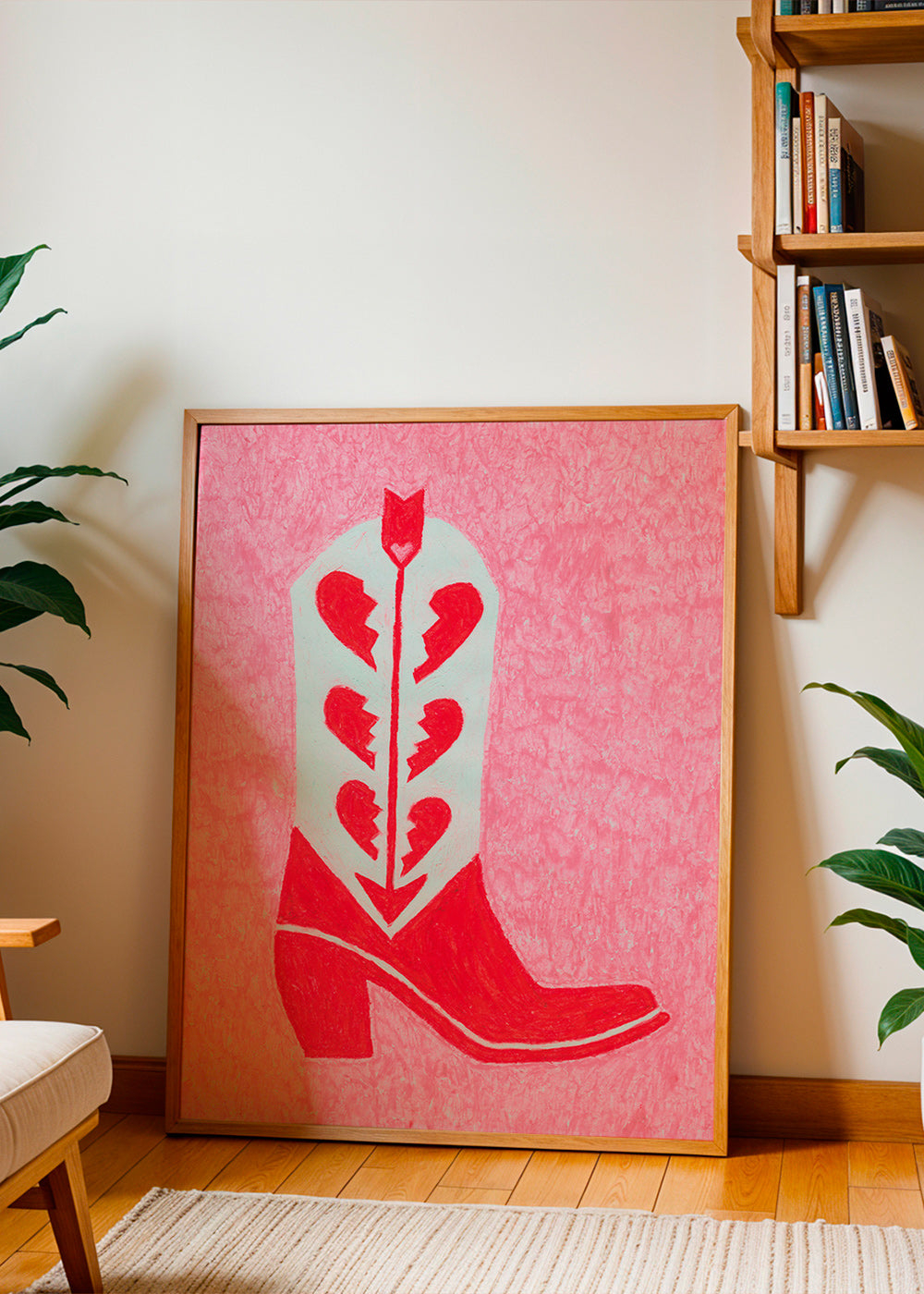 Illustration af rød cowboystøvle med knuste hjerter – Product2