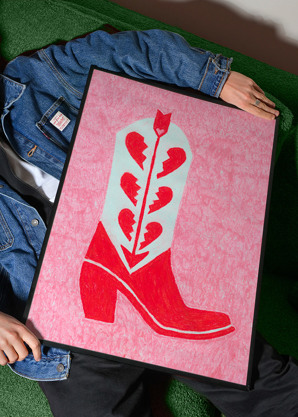 Illustration af rød cowboystøvle med knuste hjerter – Product3