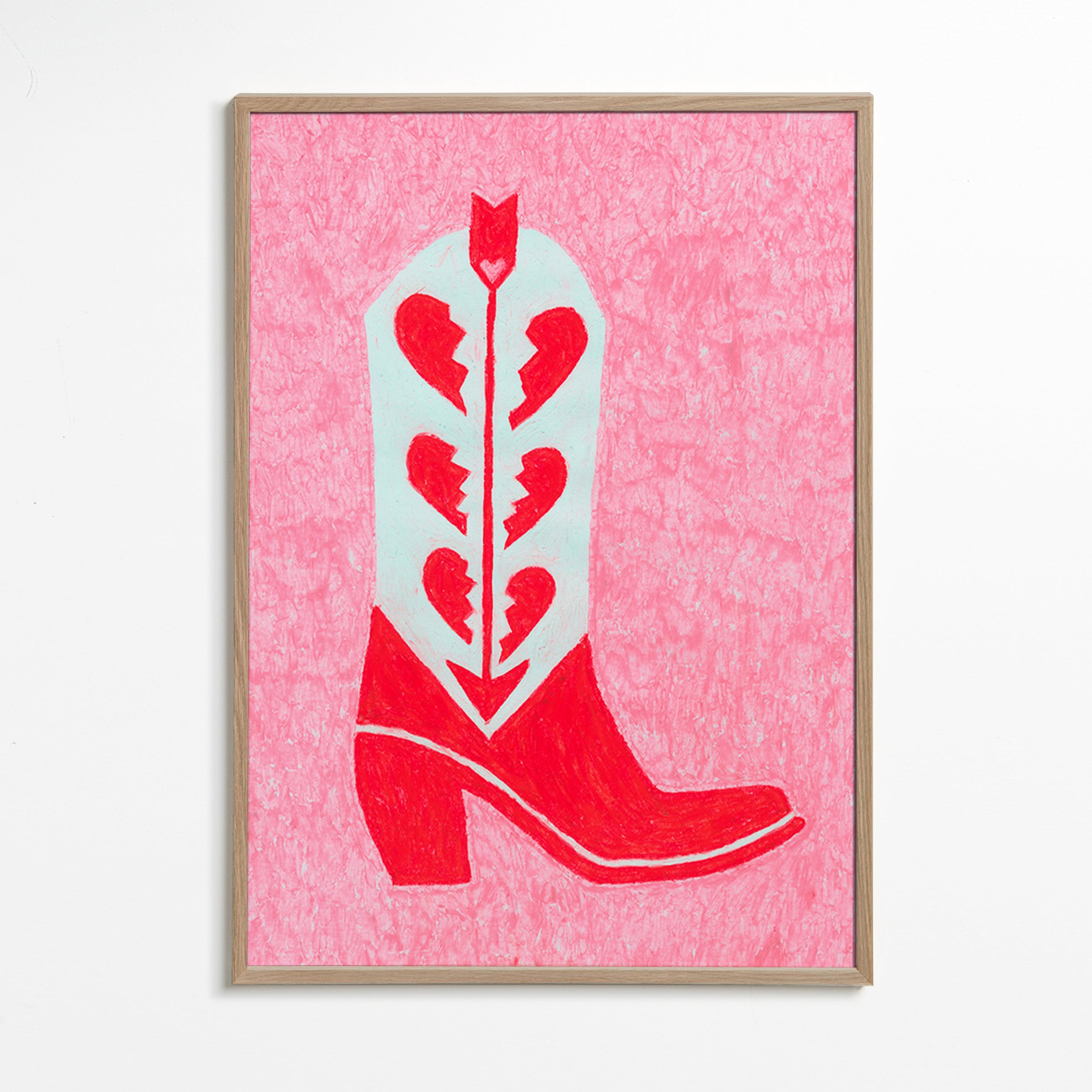 Illustration af rød cowboystøvle med knuste hjerter – Oak Frame