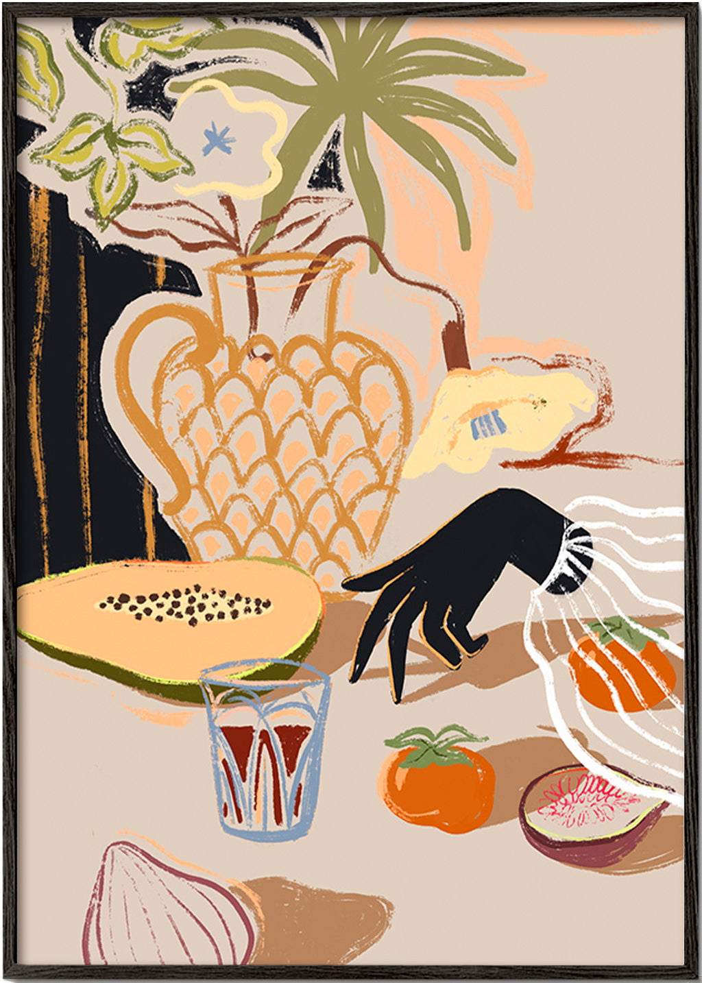 Køkkenkunst med tropisk frugt og vase – Black Frame