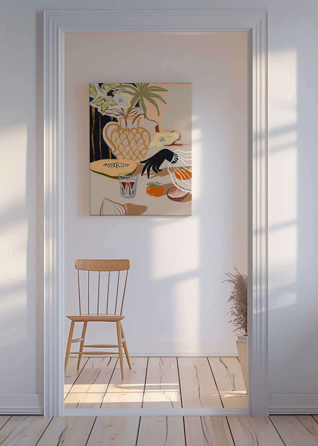 Køkkenkunst med tropisk frugt og vase – Canvas