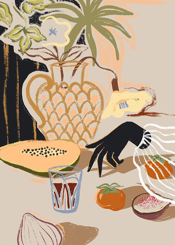 Køkkenkunst med tropisk frugt og vase