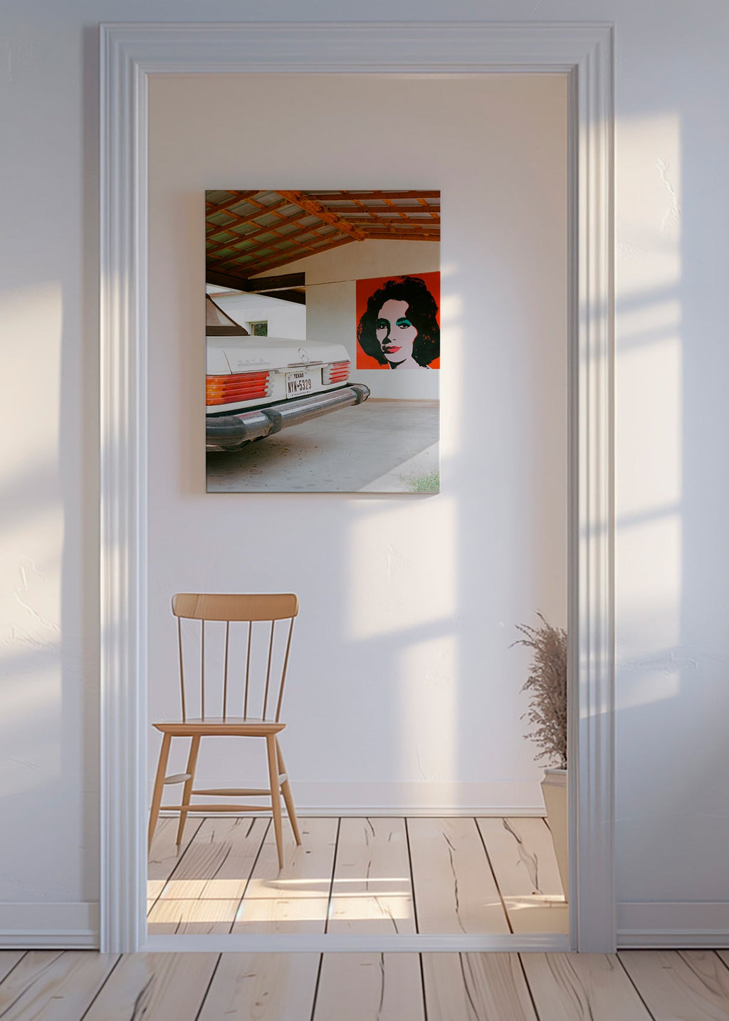 Fotografi af klassisk bil og murportræt – Canvas