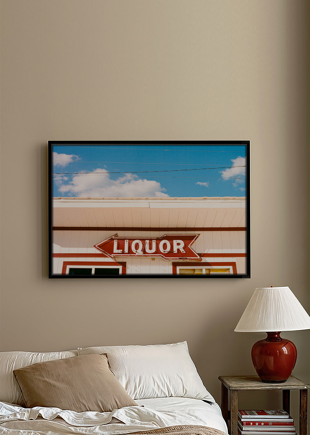 Vintage foto skilt 'LIQUOR' mod blå himmel – Canvas2
