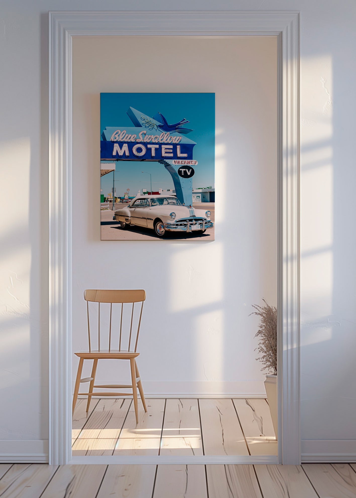 Vintage motel foto med klassisk bil – Canvas