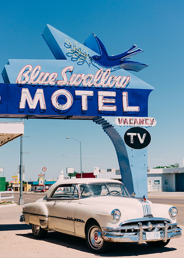 Vintage motel foto med klassisk bil