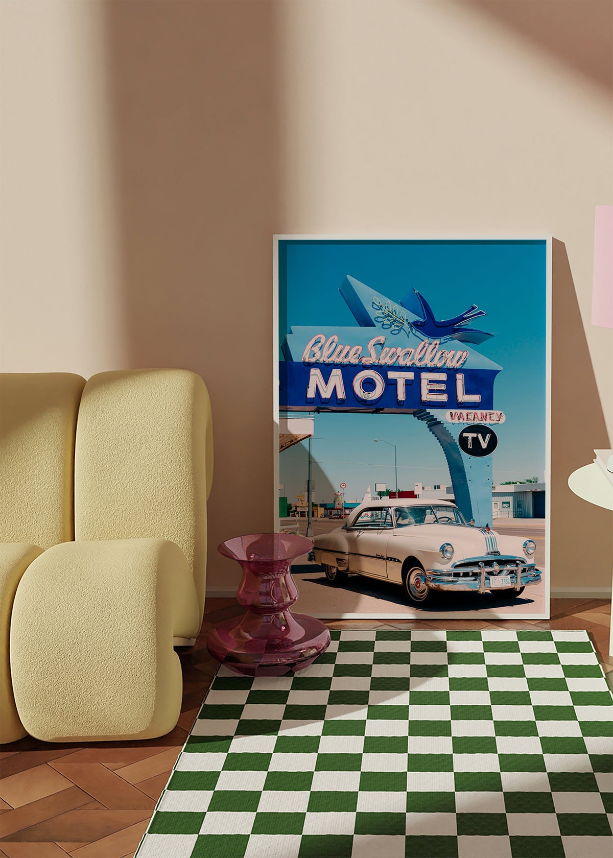 Vintage motel foto med klassisk bil – Product1