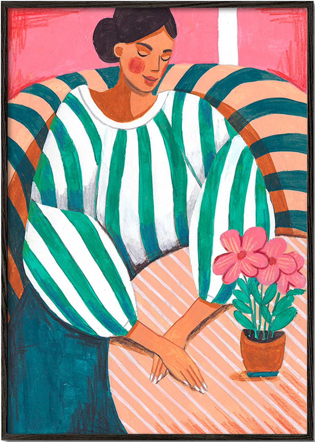 Illustration af kvinde i striber med plante – Black Frame