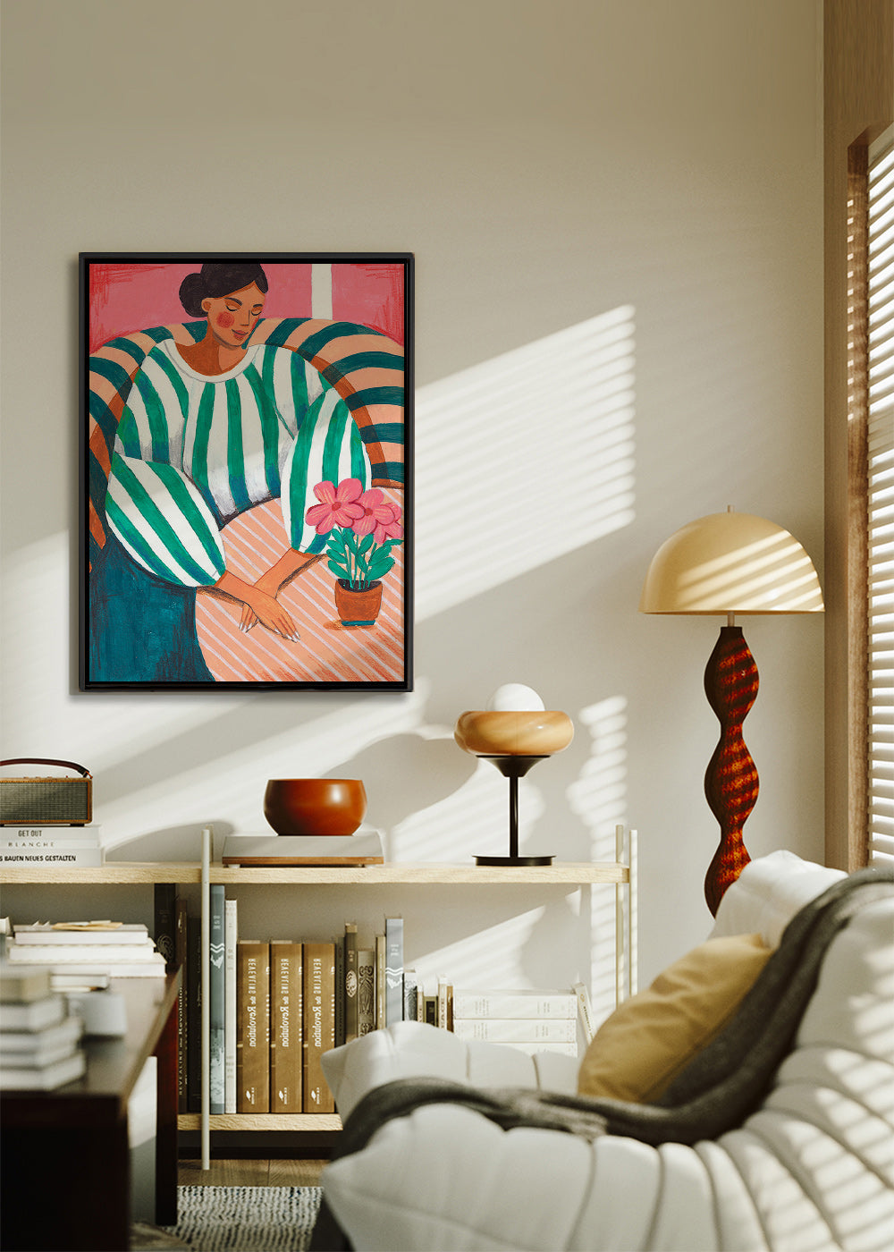 Illustration af kvinde i striber med plante – Canvas2