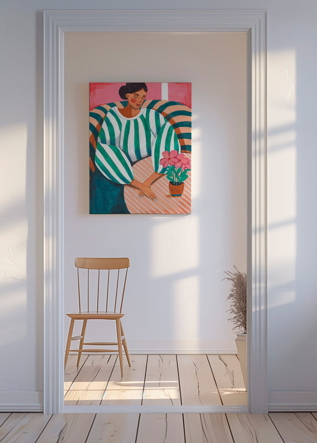Illustration af kvinde i striber med plante – Canvas