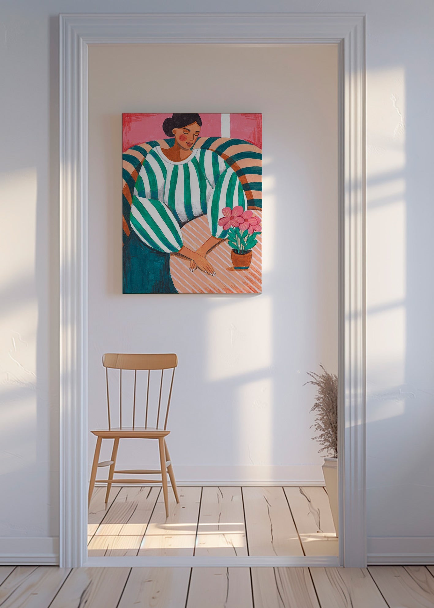 Illustration af kvinde i striber med plante – Canvas