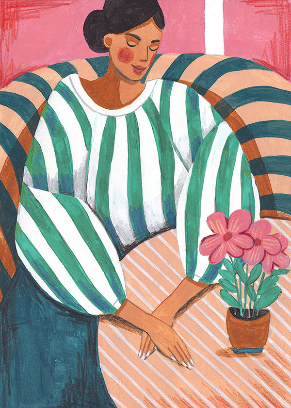 Illustration af kvinde i striber med plante
