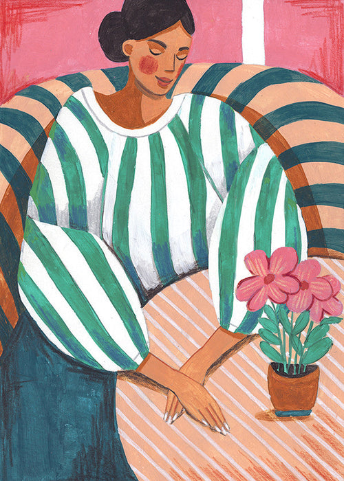 Illustration af kvinde i striber med plante